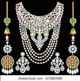 illustration of a Golden necklace and earrings female with white precious stones