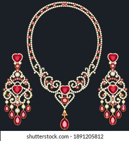 illustration of a Golden necklace and earrings female with red precious stones