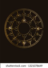 Illustration of a golden occult symbol with magical inscriptions and signs on a black background. Vector banner in retro style. The magic pentacle sign.