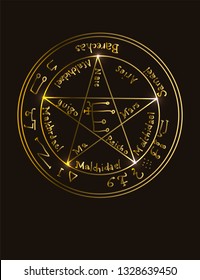 Illustration of a golden occult symbol with magical inscriptions and signs on a black background. Vector banner in retro style. The magic pentacle sign with inscriptions listing the gods