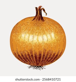 Illustration of a golden onion with detailed texture. The onion's golden hue and texture are highlighted. A golden onion with rich texture stands out. Isolated vintage art illustration vector element.