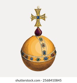 Illustration of a golden orb with a cross, adorned with jewels. The orb and cross are richly decorated, featuring intricate jewel designs and golden accents.