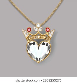 Illustration of a golden pendant with a heart and a crown on a chain with precious stones