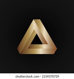 Illustration of golden Penrose the impossible triangle, on black background. Surreal design, optical illusion. Triangular shape symbolizing infinity and repetition.