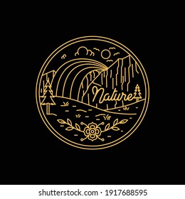 Illustration golden rainbow in the hill landscape nature sticker outline  logo design vector 