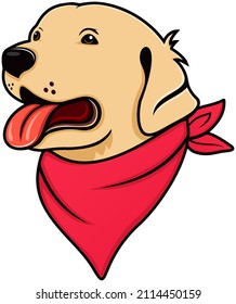 illustration of golden retriever dog wearing red bandana, cute, character and cartoon