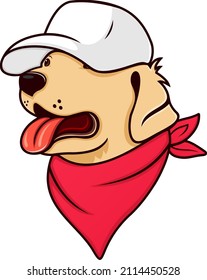 illustration of golden retriever dog wearing hat and red bandana, cute, character and cartoon.