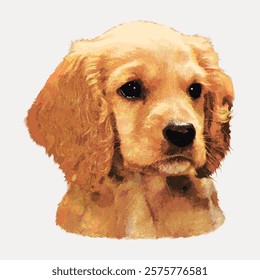 Illustration of a golden retriever puppy with soft fur and expressive eyes. The puppy's golden fur and cute expression make it adorable and charming. Vintage illustration isolated on white, vector.