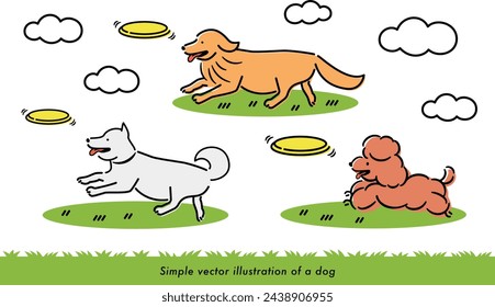 Illustration of golden retriever, shiba inu and toy poodle running, playing and jumping while sticking out their tongues in a dog run