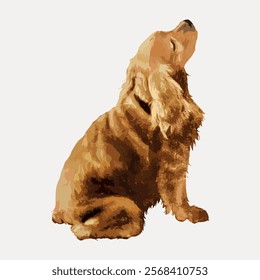 Illustration of a golden retriever sitting and howling. The golden retriever has a fluffy coat. The retriever is a popular dog breed known for its friendly nature. Vintage art vector element.