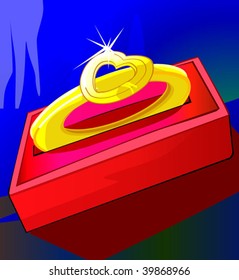 Illustration of golden ring with red vase	