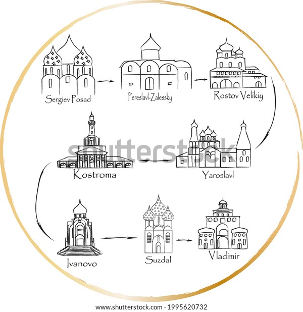Illustration of the golden ring of Russia, cities of Russia in a golden circle, cities in order