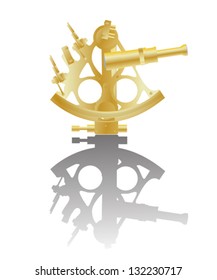 Illustration of a golden sextant instrument and reflection against white background