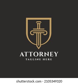 Illustration Golden Sword with Shield and Pillar Attorney Lawyer Justice Law Firm Advisor logo design 