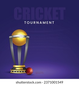 illustration of Golden Trophy for Cricket sport tournament game with stadium background and cricket ball
