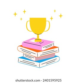 An illustration of a golden trophy standing on a stack of books. Book reading challenge concept.