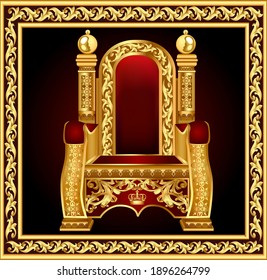 Illustration of a golden vintage throne with red velvet and ornaments in a decorative frame.