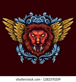 Illustration of a golden winged mythical lion head. With floral and sacred geometry that makes it more artistic