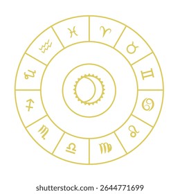 Illustration of a golden zodiac circle with symbols of the signs and with the sun and crescent in the center. The theme of astrology, horoscope, esolerics. Flat style. Vector. Isolated background.