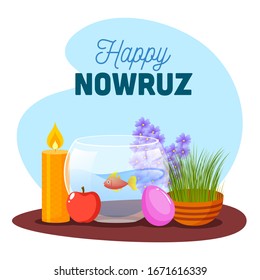 Illustration of Goldfish Bowl with Semeni (Grass), Apple, Eggs, Illuminated Candle and Hyacinth on Abstract Background for Happy Nowruz Celebration.