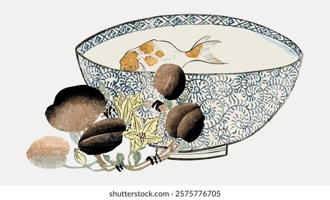 Illustration of a goldfish in a decorative bowl. The bowl features intricate patterns. Goldfish and bowl create a serene, artistic scene. Goldfish swimming peacefully. Vintage vector element.