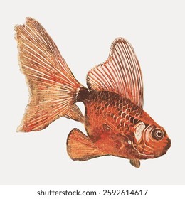 Illustration of a goldfish with detailed scales and flowing fins. The goldfish is depicted in a side view, showcasing its vibrant color and elegant fins. Vintage marine life vector.