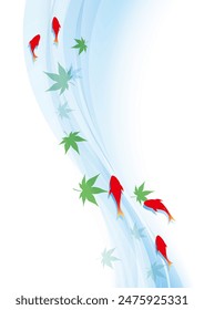 Illustration of goldfish and stream of water and maple leaf, vector illustration.