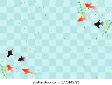 illustration of goldfishes and Japanese checked pattern　　Japanese traditional summer