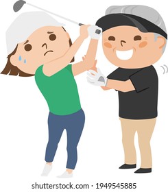 Illustration of golf. An annoying senior man teaching a young woman a swing.