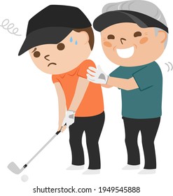 Ilustración del golf. Un molesto anciano enseñándole golf a un joven.