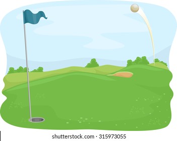 Illustration of a Golf Ball Flying Towards a Golf Hole