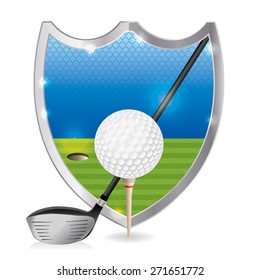 An illustration of a golf ball on a tee with a golf driver on a golf course emblem. Vector EPS 10. EPS file is layered and contains transparencies and gradient mesh.