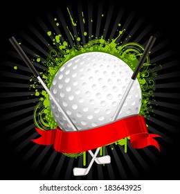 illustration of golf ball and stick wrapped in ribbon on grungy floral background