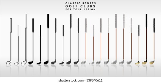 Illustration of golf clubs on a white background in different colors and sizes