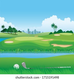 Illustration of a golf course with the city as a background.