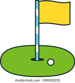 Illustration of golf course and flag pole and ball icons.