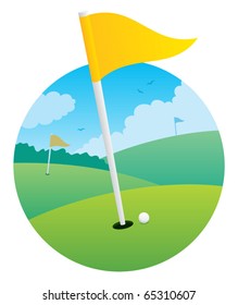 Illustration of golf course, focusing on a flag. 