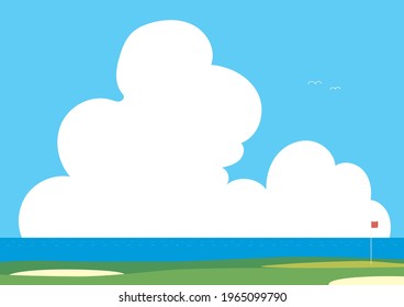Illustration of a golf course with a text space in the summer sky [A4 side] 