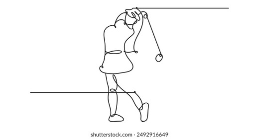 The Illustration of golf girl hit the ball with single line style. Which is made by hand drawn with single line. This line art can be use for advertisement, logo, icon, etc.