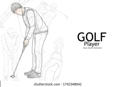 illustration of golf player putting. sketch vector. watercolour style. golf background.