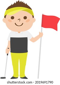 Illustration Of Golf. A Young Man Holding A Golf Flag.