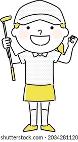 Illustration of golf. A young woman is happy to have a putter.