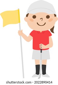 Illustration Of Golf. A Young Woman Holding A Golf Flag.