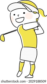 Illustration of golf. A young woman swinging at a golf club.