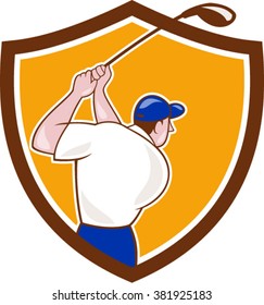 Illustration of a golfer playing golf swinging club tee off viewed from back rear set inside shield crest on isolated background done in cartoon style. 