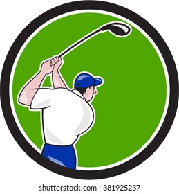 Illustration of a golfer playing golf swinging club tee off viewed from back rear set inside circle on isolated background done in cartoon style. 
