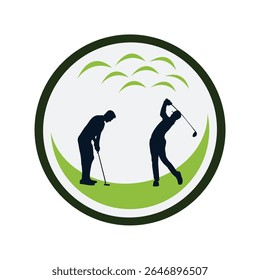 Ilustração de silhuetas de golfista realizando ações, dentro de um design circular com uma paisagem verde e elementos estilizados. Bom para logotipo, marca etc