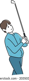 Illustration of a golfer thinking about holding a golf club while walking. 