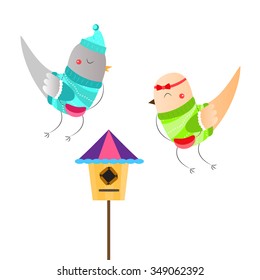 Illustration with good birds and their house .