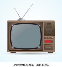 Illustration of the good old retro TV without remote control on blue background. Old TV with antenna